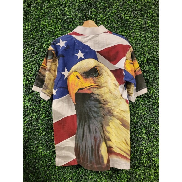 vtg 90s TIMBER RIDGE TRADERS Polo Small // aop eagle American patriotic collared - Picture 3 of 4